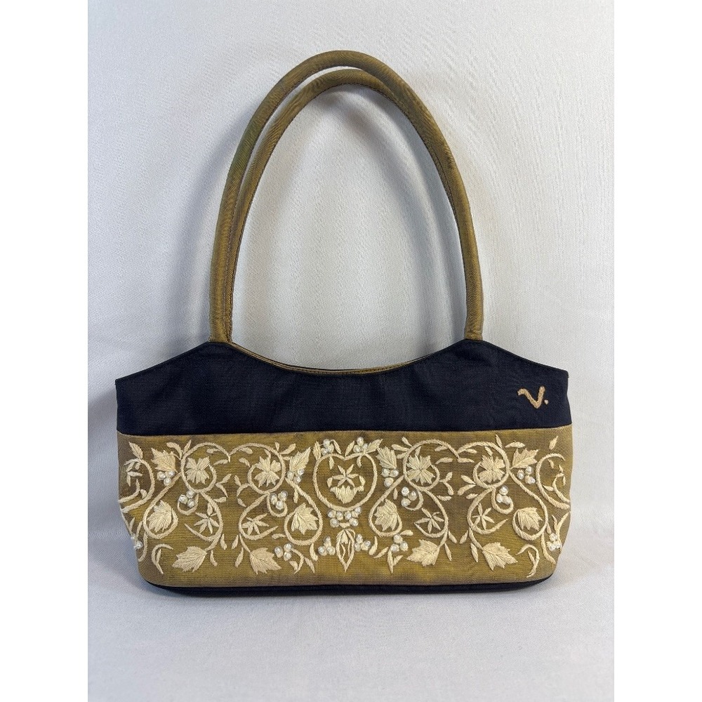 Clare V. Embroidered Floral Olive Black Structured Shoulder Tote Handbag